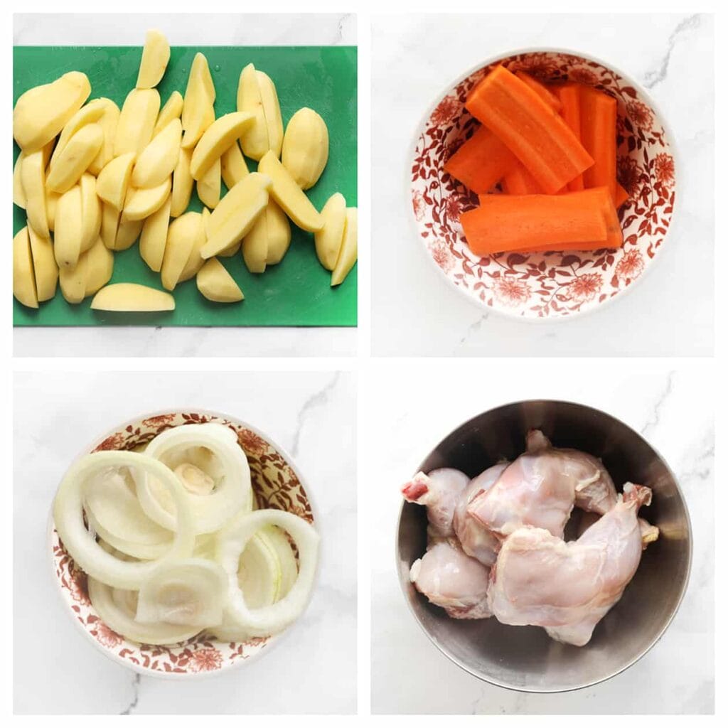 Ontvel de kippenbouten. Schil de aardappels en snijd ze in parten. Schil de wortel en snijd deze in stukken. Pel de gele ui en snijd deze in ringen.