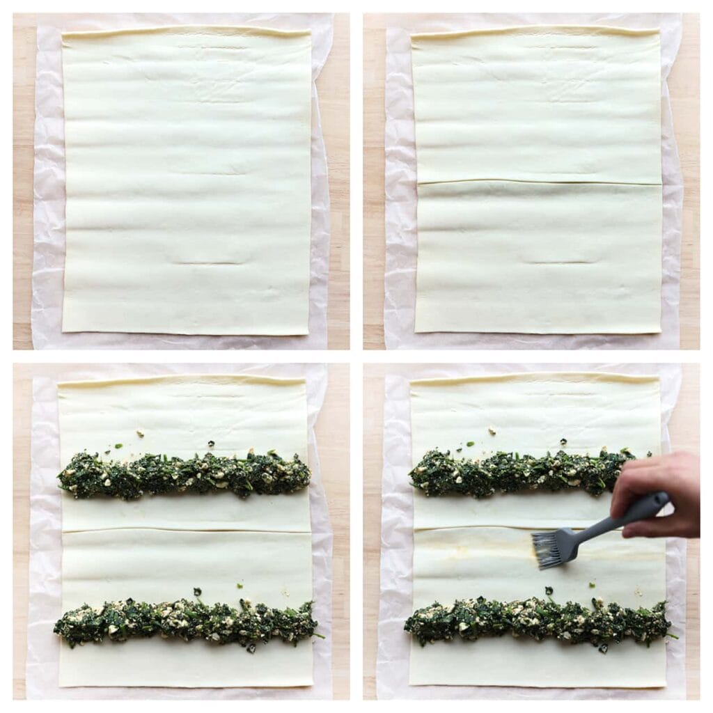 Neem het bladerdeeg, rol het uit en snijd het doormidden. Verdeel wat van het spinaziemengsel net iets onder het midden als een staaf over het bladerdeeg. Bestrijk de bovenkant van het bladerdeeg met een geklutst ei.