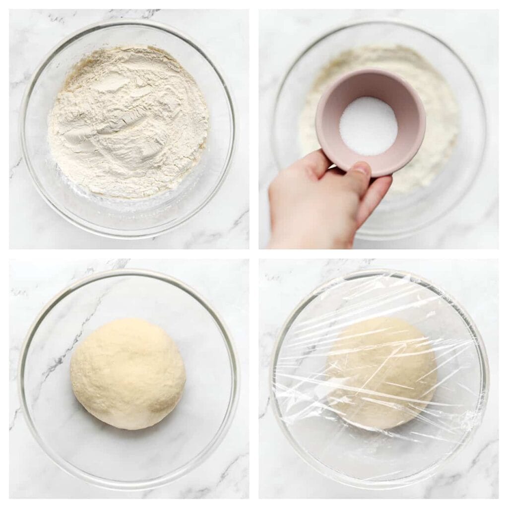 Voeg de bloem en het zout toe aan het mengsel. Meng goed en kneed vervolgens 10-12 minuten tot een samenhangend deeg. Bedek het deeg daarna.