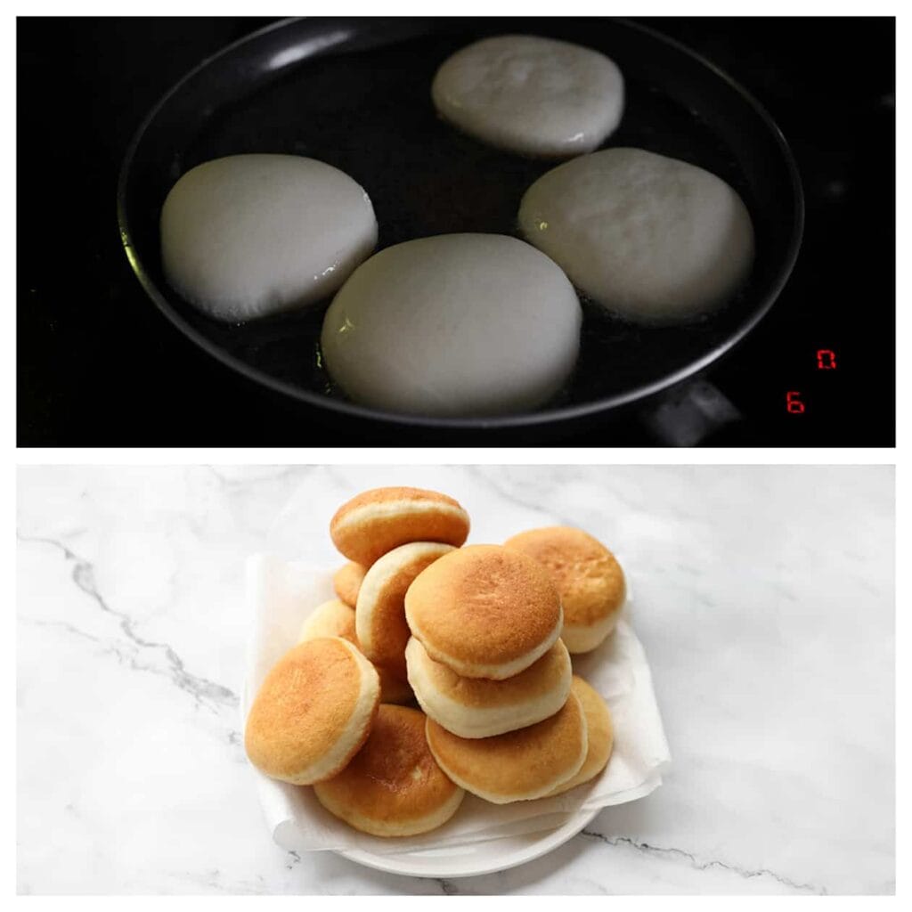 Bak de broodjes in een koekenpan met een laagje zonnebloemolie op 175 °C. Bak ze aan beide kanten tot ze mooi goudbruin zijn. Laat de broodjes uitlekken op een vel keukenpapier.