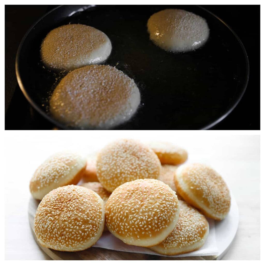 Bak de broodjes in een koekenpan met een laagje zonnebloemolie op 175 °C. Bak ze aan beide kanten tot ze mooi goudbruin zijn.