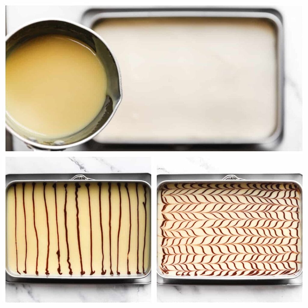 Verdeel de witte chocoladeganache gelijkmatig over de room. Spuit er streepjes op van pure chocoladeganache en ga er met een tandenstoker langs. Leg het dessert, afgedekt, in de koelkast om op te stijven, bij voorkeur een nachtje.