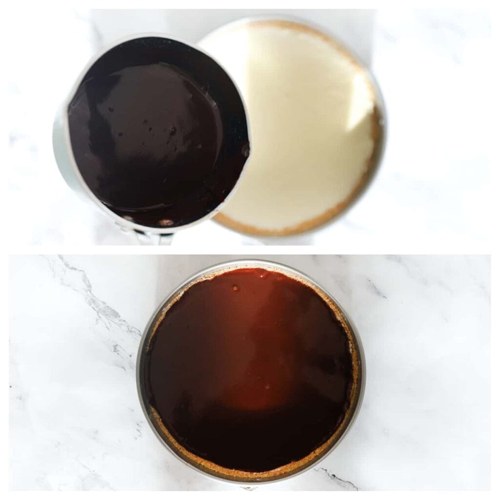 Verdeel de pure chocolade ganache gelijkmatig over de cheesecake. Bedek de kokos-cheesecake en plaats deze in de koelkast om op te stijven, bij voorkeur een nachtje.
