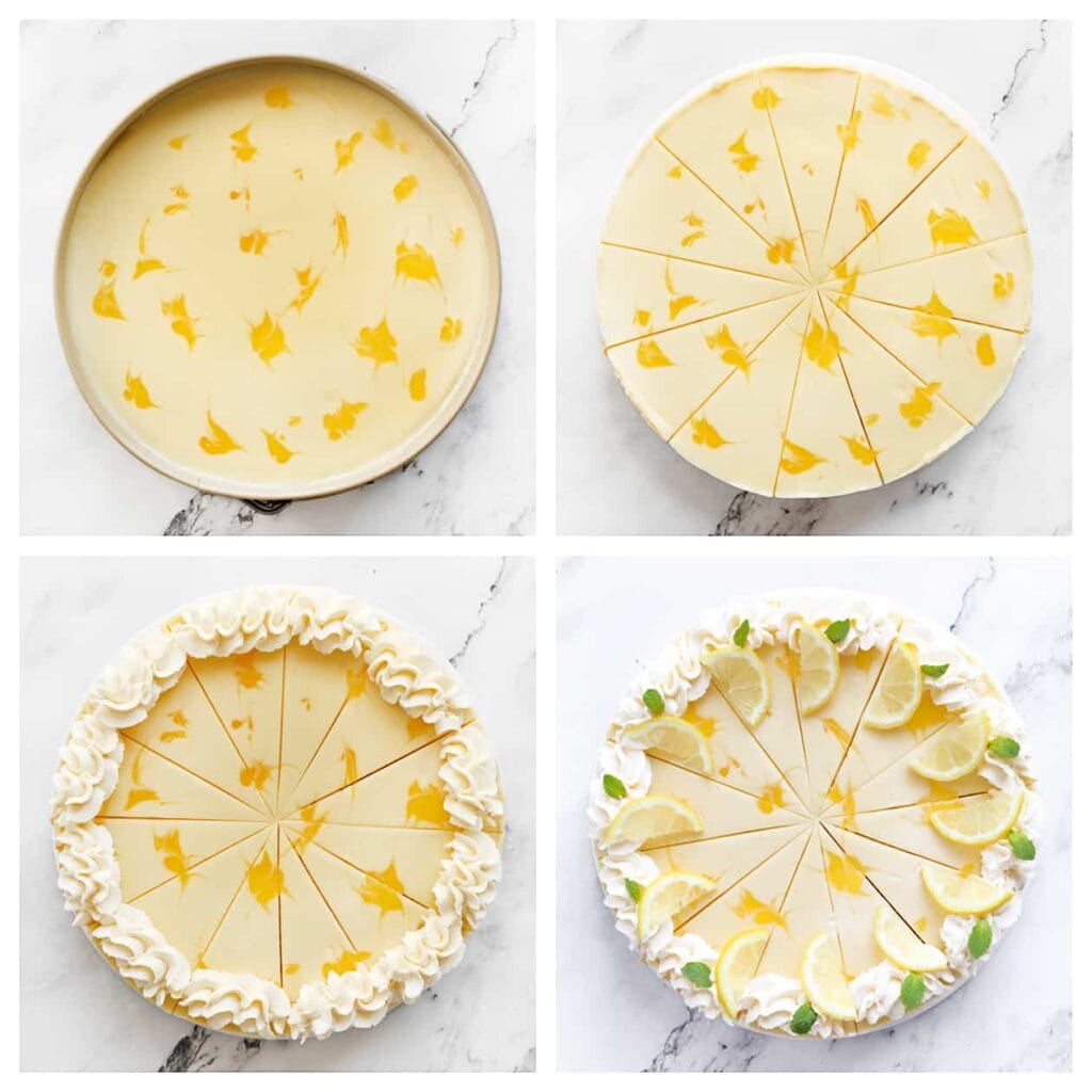 Snijd de citroencheesecake in gelijke puntjes. Indien gewenst, garneer met een toefje room, schijfjes citroen en muntblaadjes. Bismillah, geniet ervan!