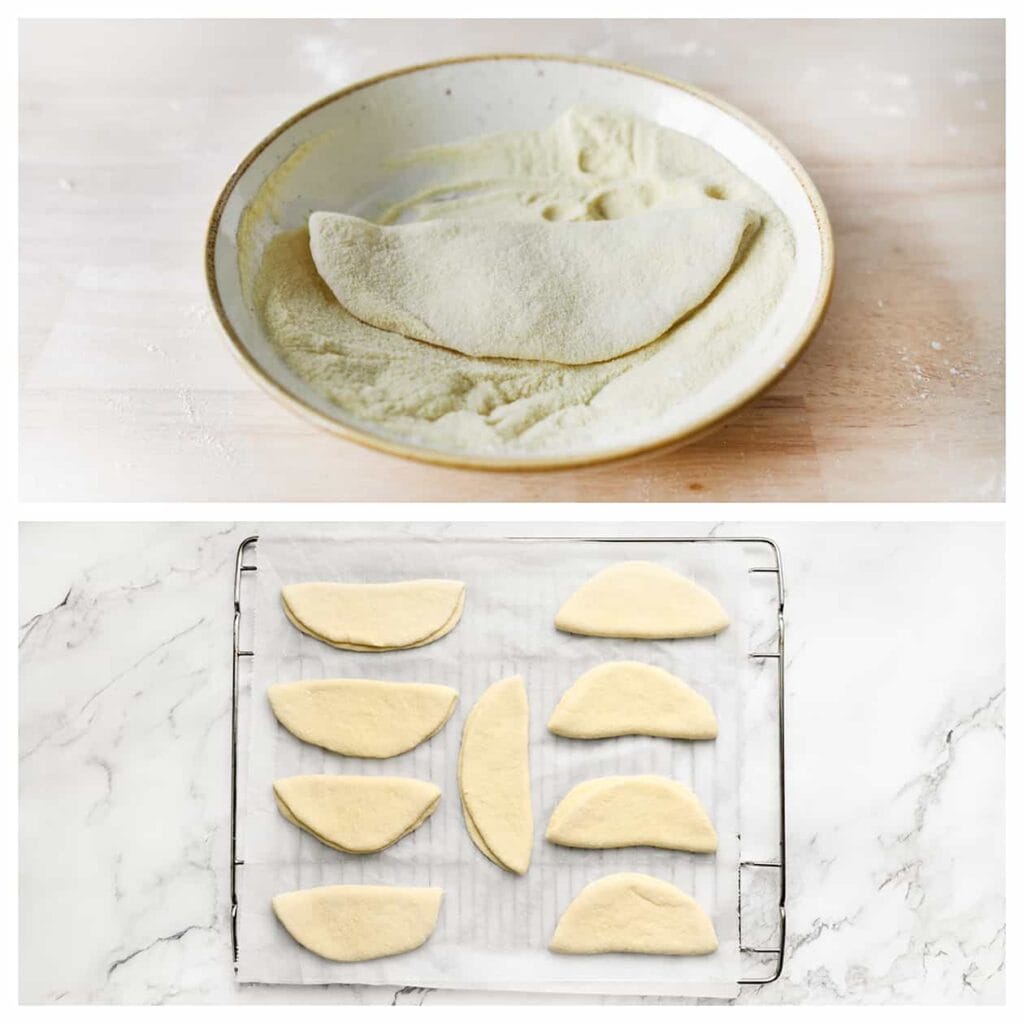 Haal het deeg aan beide zijden door de fijne griesmeel. Leg het deeg op een vel bakpapier en laat het 30 minuten rijzen, of totdat het in omvang is verdubbeld.