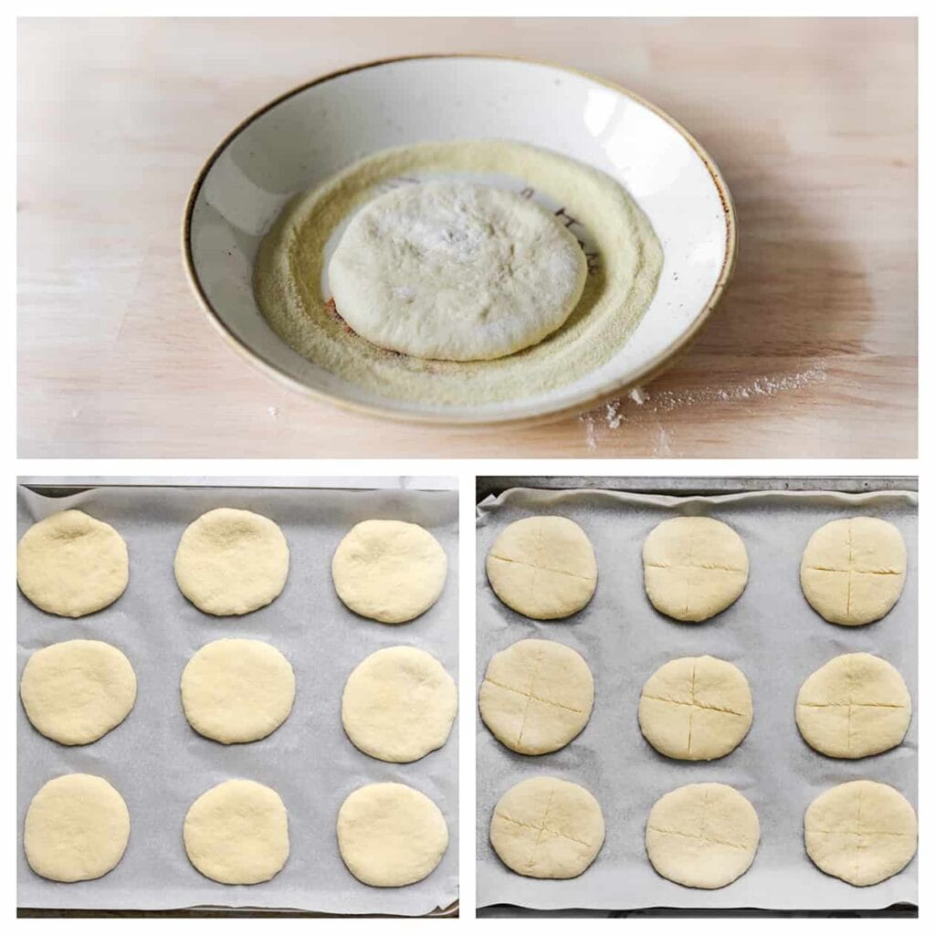 Strooi wat fijne griesmeel op een bord en haal het deeg er doorheen, maar enkel aan één zijde. Maak met een scherp mes insnijdingen of een patroon in het deeg voordat het gaat rijzen.