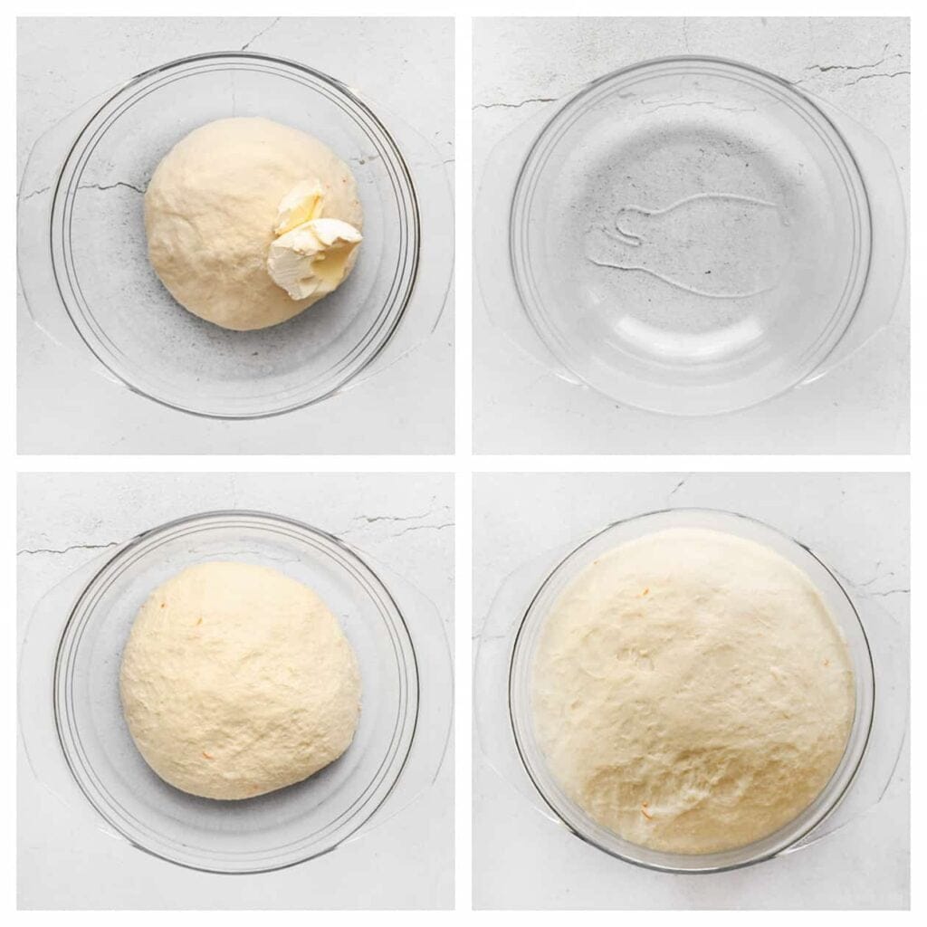 Voeg de margarine toe en kneed het deeg tot een geheel. Vet de kom in met wat zonnebloemolie en voeg het deeg toe. Dek het deeg af en laat het 1 uur rijzen op een warme plek in huis, of tot het in omvang is verdubbeld.