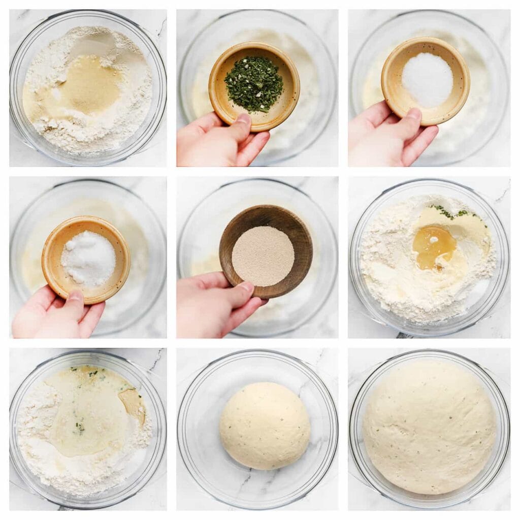 Doe de bloem, fijne griesmeel, gedroogde saladekruiden, het zout, de suiker, gist, zonnebloemolie, lauwwarme melk en het water in een diepe kom. Meng goed en kneed 10-12 minuten tot een mooi geheel. Dek het deeg af en laat het 1 uur rijzen op een warme plek in huis of tot het deeg in omvang is verdubbeld.