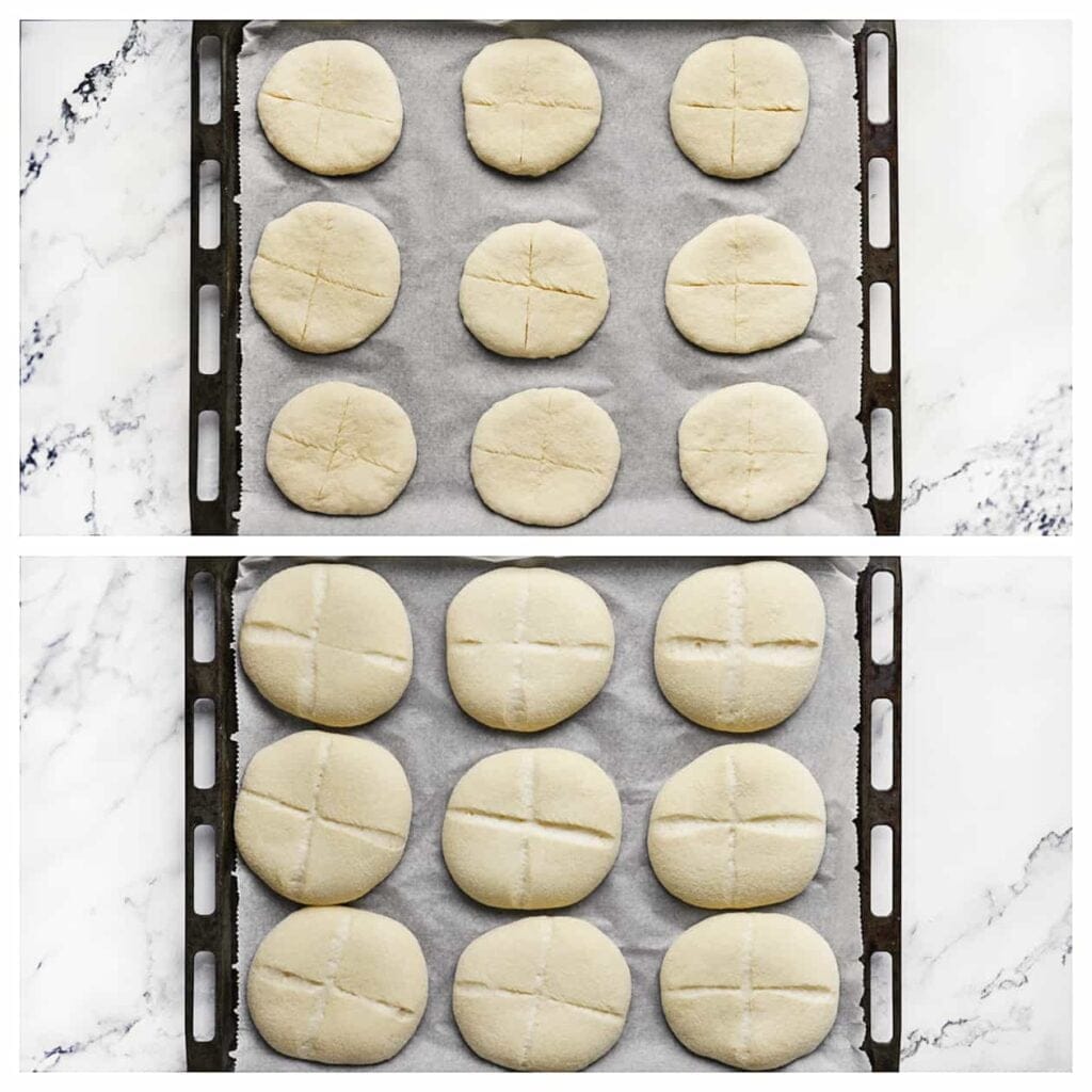 Laat het deeg 30 minuten rijzen, of tot het in omvang is verdubbeld.