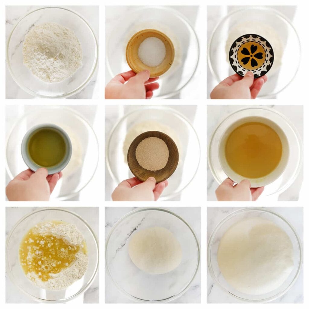 Doe de bloem, gist, honing, olijfolie, het zout en lauwwarme visbouillon-mengsel in een diepe kom. Meng goed en kneed 10-12 minuten tot een geheel. Dek het deeg af en laat het 1 uur rijzen op een warme plek in huis, of totdat het in omvang is verdubbeld.