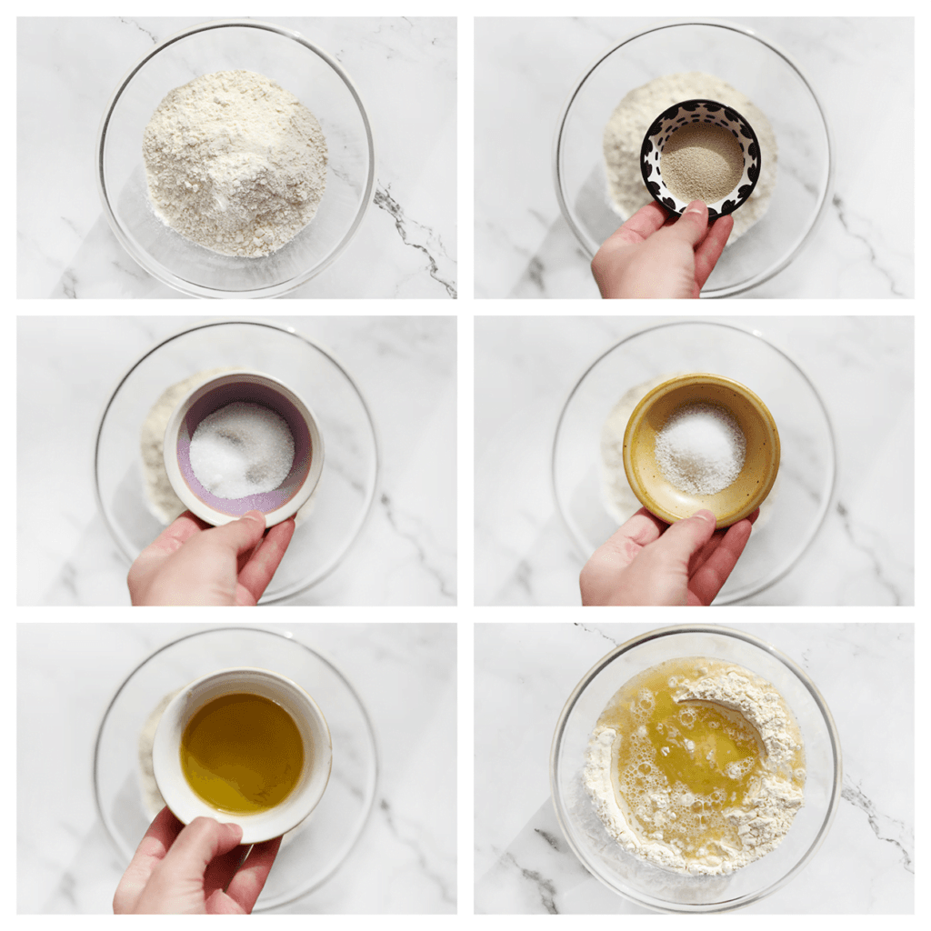 Voeg bloem, gist, suiker, zout, olijfolie en lauwwarm water toe aan een diepe kom. Meng goed en kneed 10-12 minuten tot een geheel.