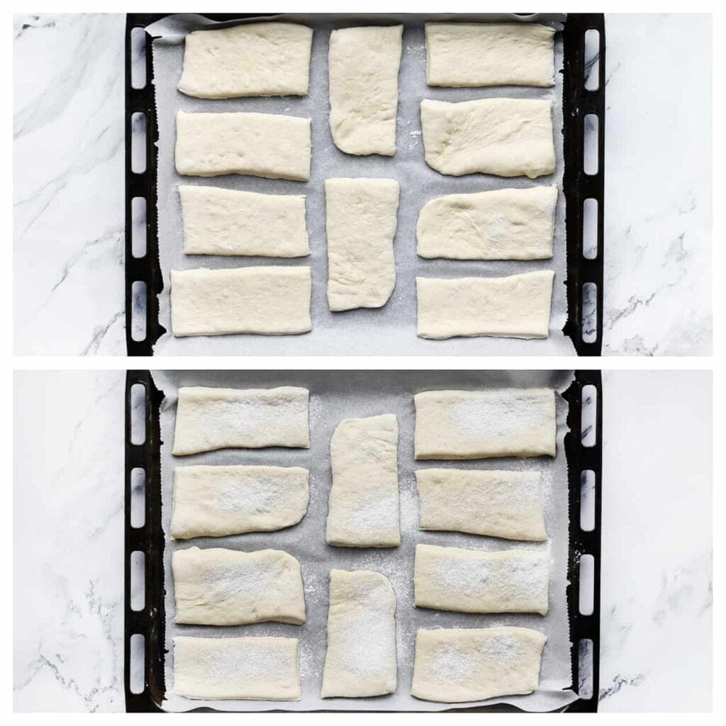 Plaats de deegstukken op een bakplaat met bakpapier en bestuif ze lichtjes met bloem.