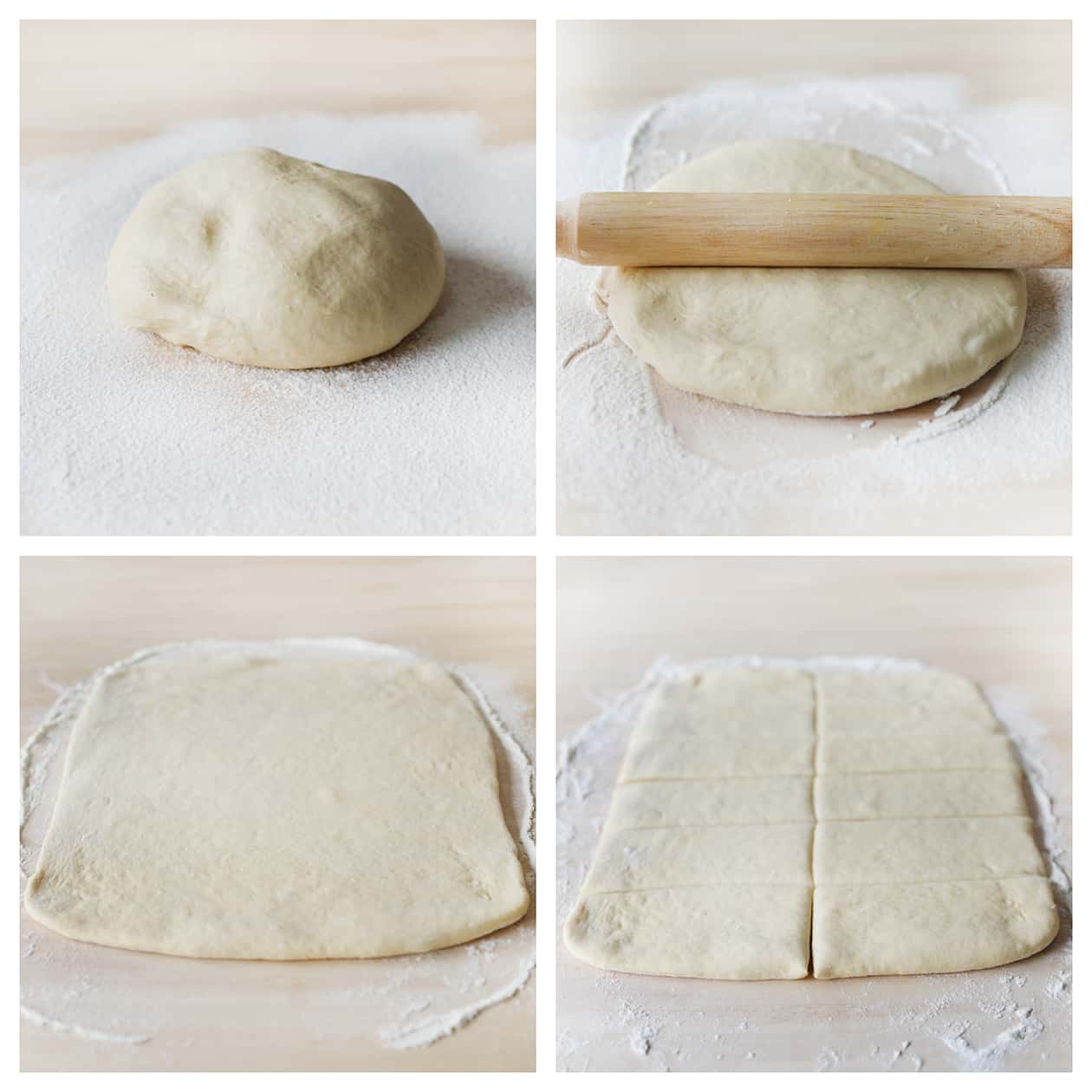 Deeg uitrollen tot een rechthoek en snijden in stukken