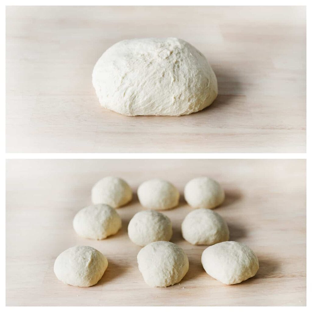 Ontlucht het deeg en verdeel het in 9 gelijke stukken. Vorm ze tot ronde bollen.