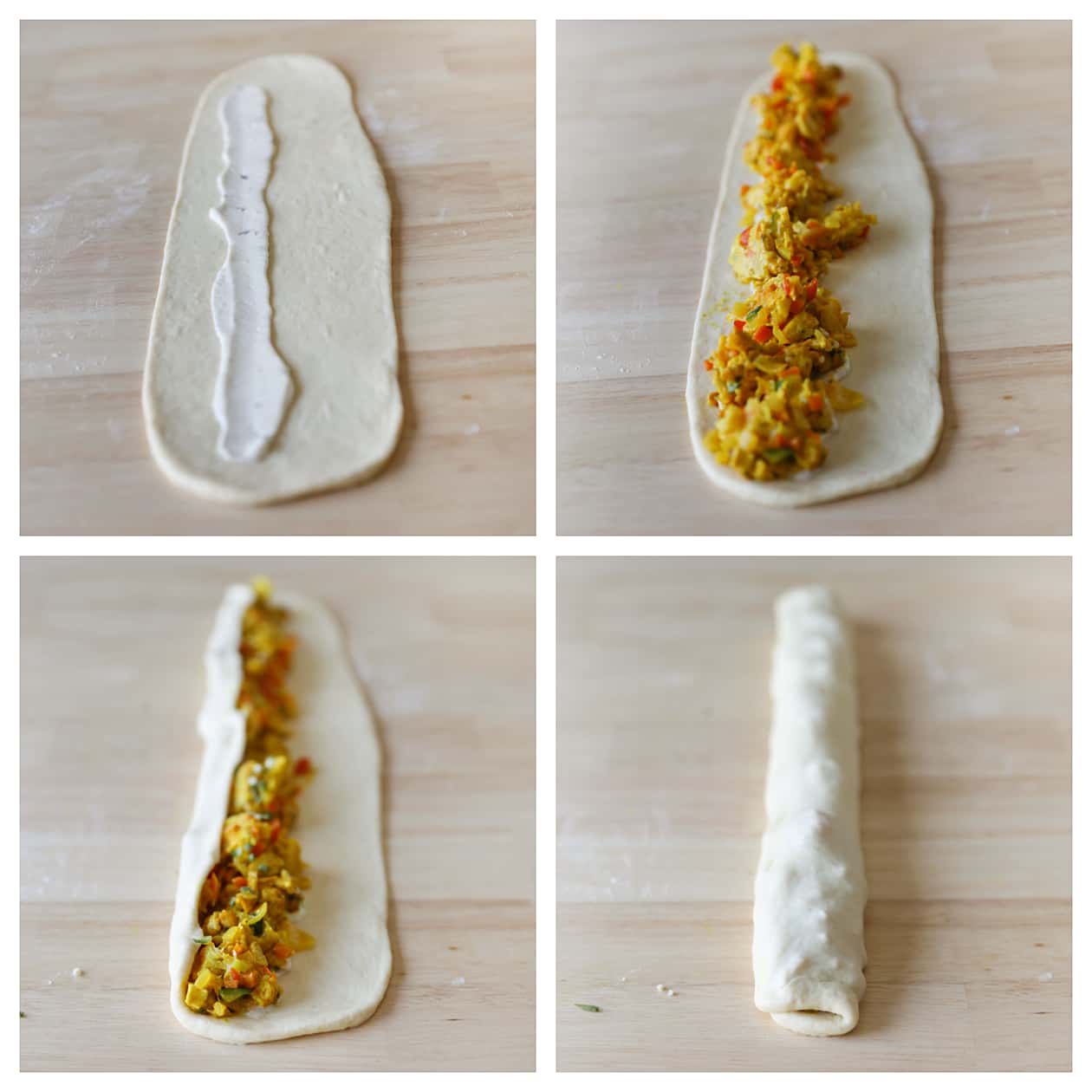 Deeg vullen met het kipmengsel en dichtrollen