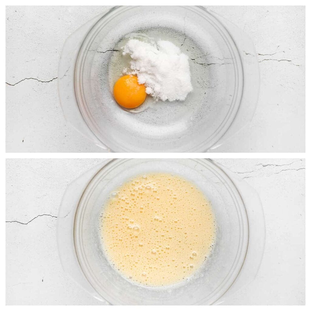 Breek het ei boven de kom. Voeg de witte basterdsuiker en vanillesuiker toe. Mix 4-5 minuten, of totdat het mengsel mooi schuimig en lichtgeel van kleur is.