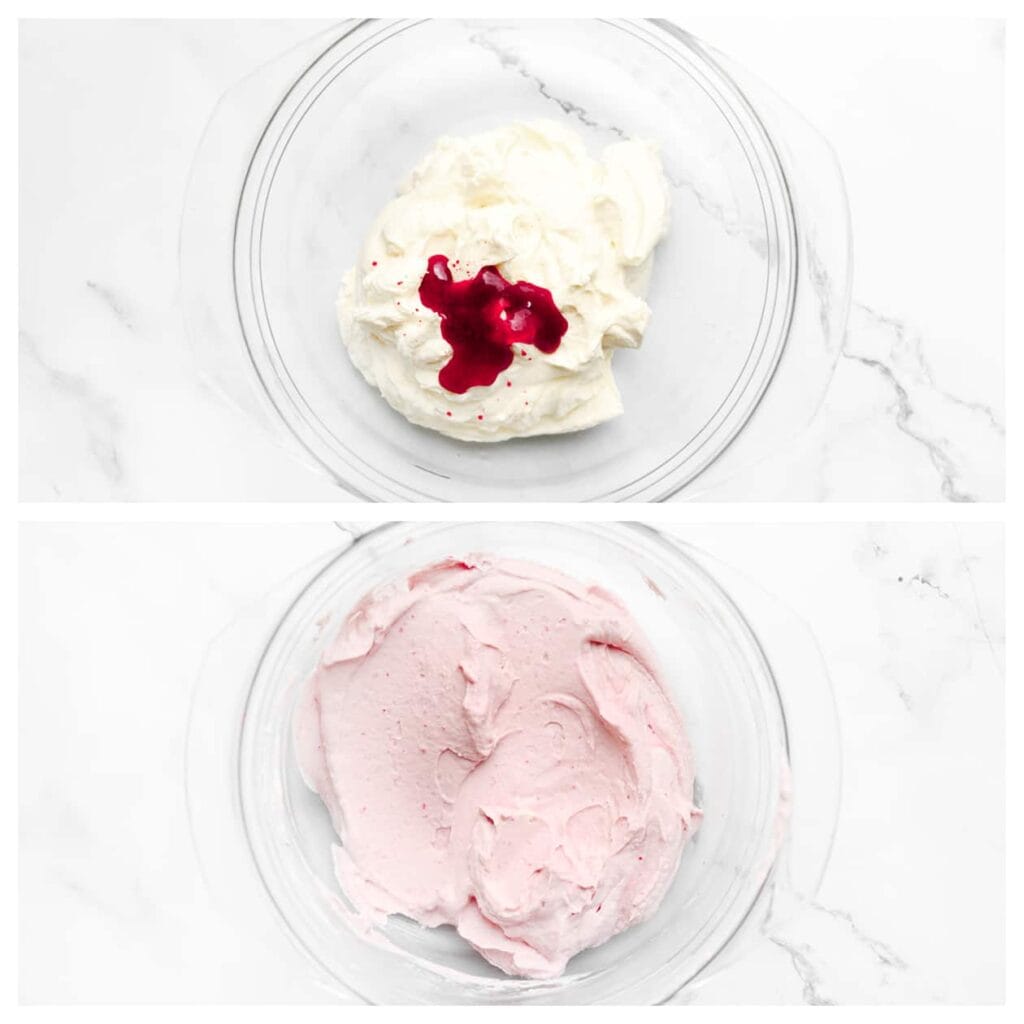 Voeg aan de ene helft 35 gram van het frambozenmengsel toe en spatel tot alles goed gemengd is.