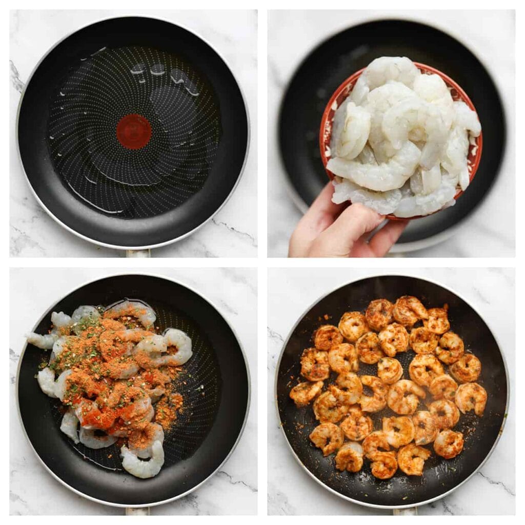 Verhit de olijfolie in een koekenpan op middelhoog vuur. Voeg de garnalen toe, samen met de ras el hanout, cayennepeper en gedroogde peterselie. Bak 2-3 minuten of tot de garnalen gaar zijn.
