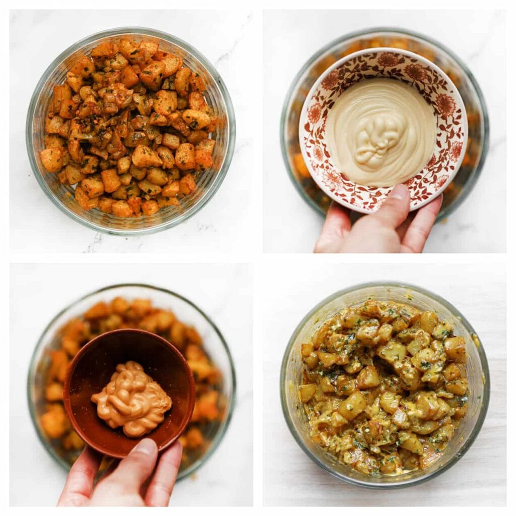 Doe de aardappels in een diepe kom. Voeg de mayonaise en hara hara saus toe. Meng tot een geheel.