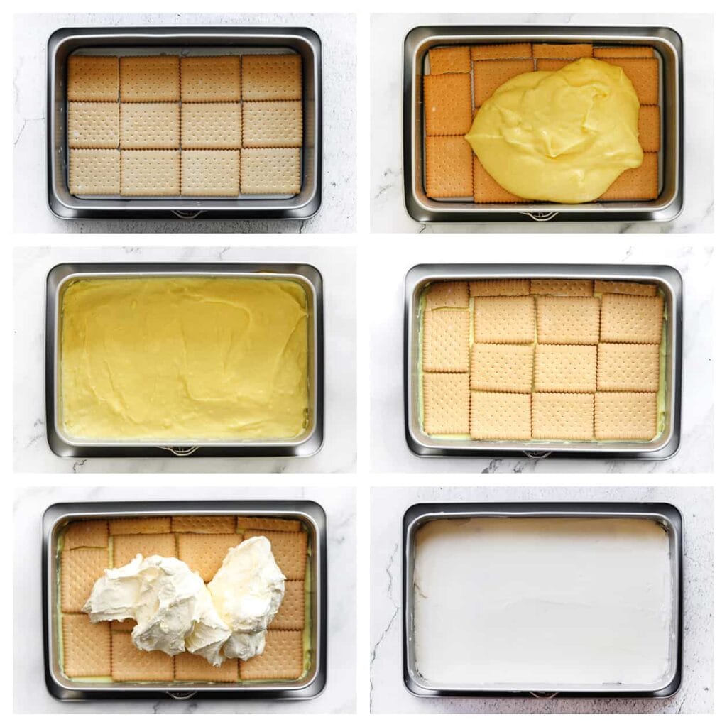 Schep de gele room over de koekjes en smeer dit gelijkmatig uit. Herhaal met nog een laag theebiscuit (doop ze wel eerst door de melk). Verdeel de room erover en smeer het egaal uit.