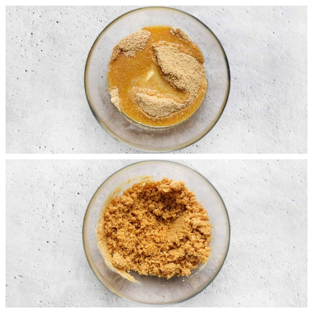 Maal de roombotertheebiscuits fijn in een hakmolen. Voeg de gesmolten roomboter toe en meng tot een geheel.