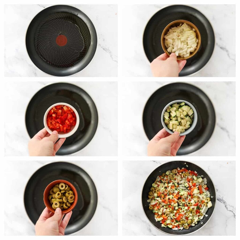 Verhit olijfolie in een koekenpan op middelhoog vuur. Voeg de gesneden gele ui, rode paprika, courgette en groene olijven toe. Meng goed en bak 3-4 minuten.