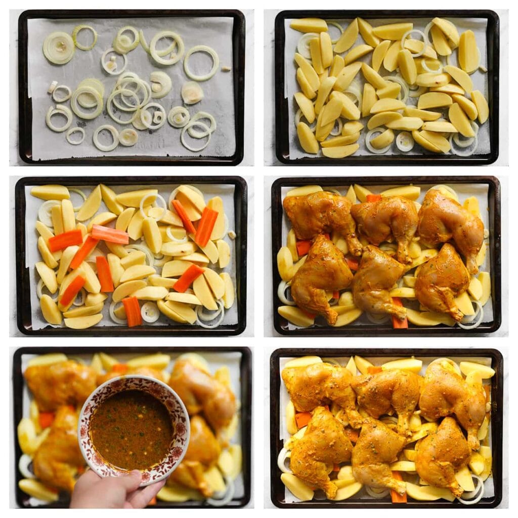 Neem een bakplaat en bedek deze met een vel bakpapier. Verdeel de gele ui, aardappels, wortel en kippenbouten gelijkmatig over de bakplaat. Giet vervolgens de saus gelijkmatig over de ingrediënten.