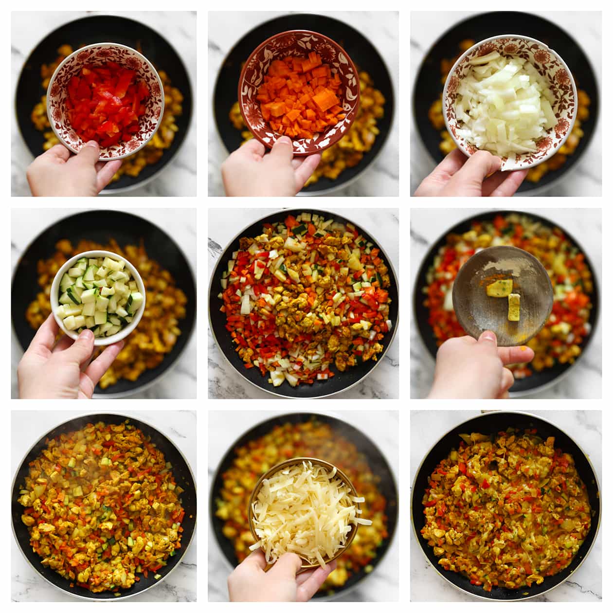 Groenten toevoegen en bakken samen met de kip