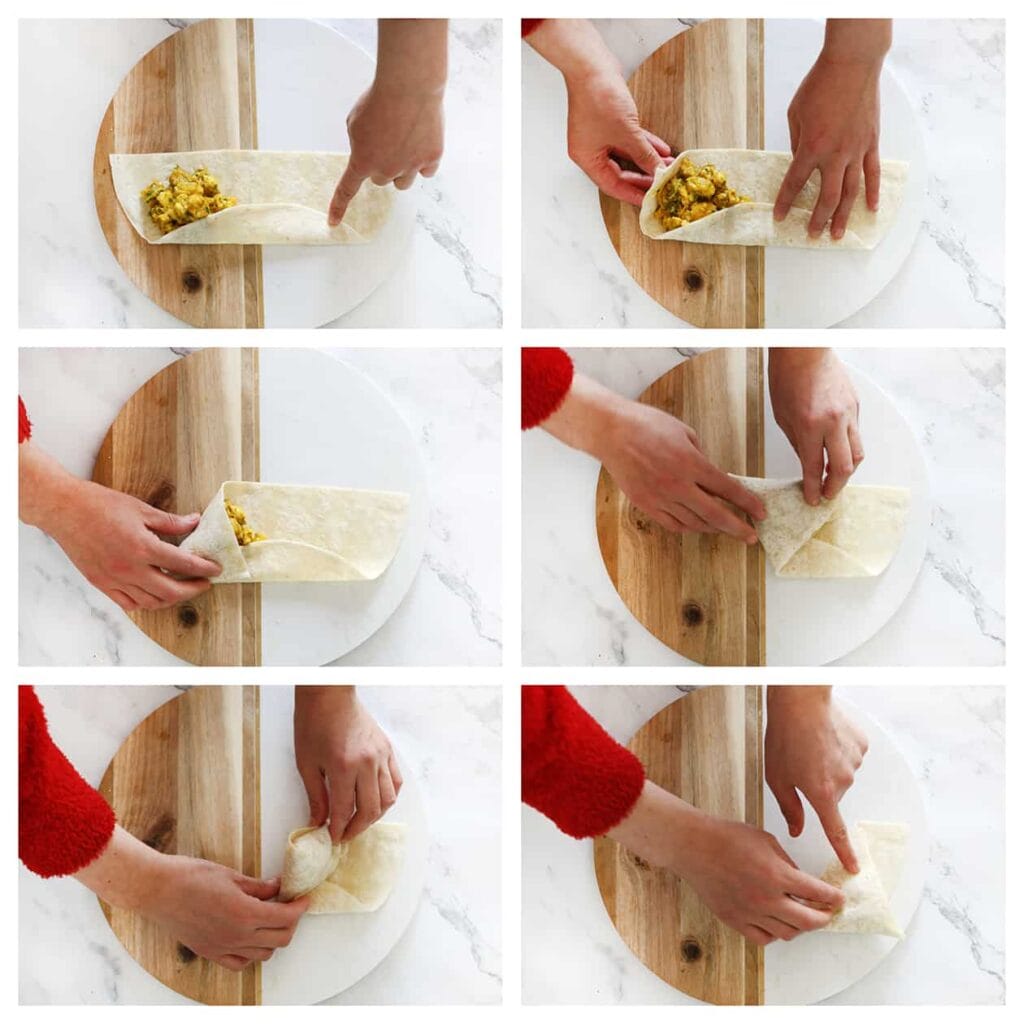 Vouw de linkerbovenhoek diagonaal over het kipmengsel, zodat er een gevulde driehoek ontstaat. Vervolgens vouw je de driehoek in een zigzagpatroon, waarbij je telkens een zijde naar de andere kant vouwt om de vorm te behouden.