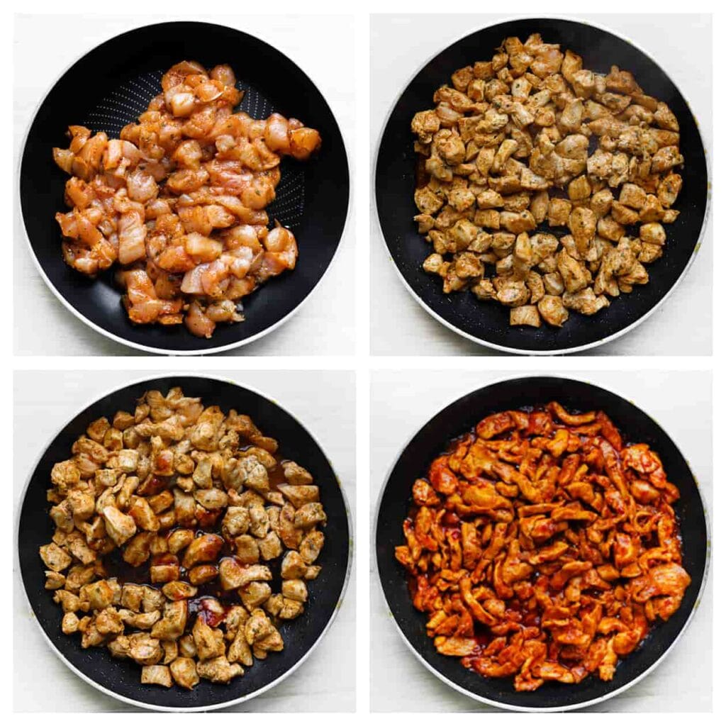 Ondertussen kun je de kip bakken. Verhit een koekenpan op middelhoog vuur. Voeg de kip toe en bak deze 4-5 minuten. Voeg vervolgens de chilisaus, sambal, ketjap manis en honing toe. Bak kort mee en meng alles goed door elkaar.