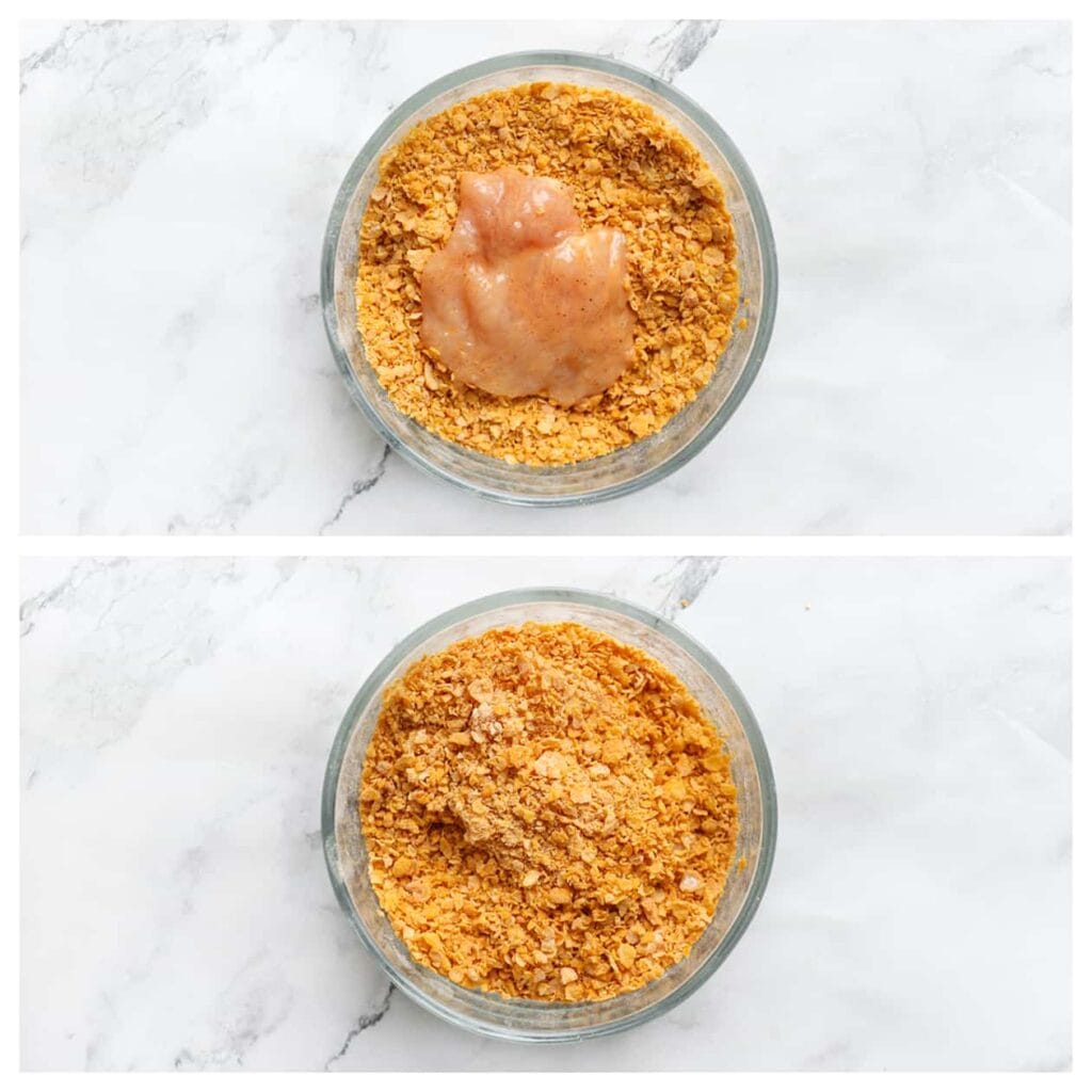 Haal elke stuk kip volledig door de cornflakes mix, zorg ervoor dat de kip gelijkmatig bedekt is. Herhaal deze werkwijze voor de overige stukken kip.