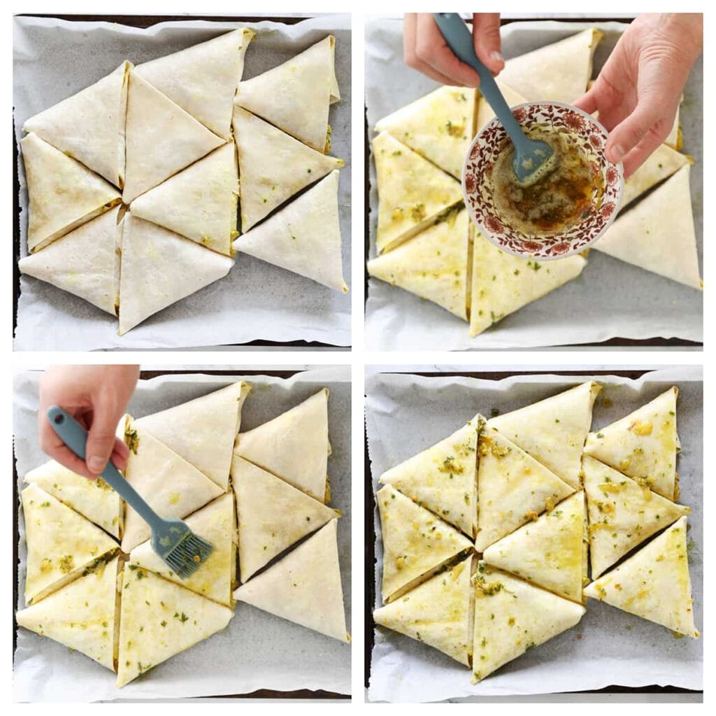 Leg de kipdriehoekwraps op een bakplaat met bakpapier en bestrijk ze met de overgebleven kipjus.