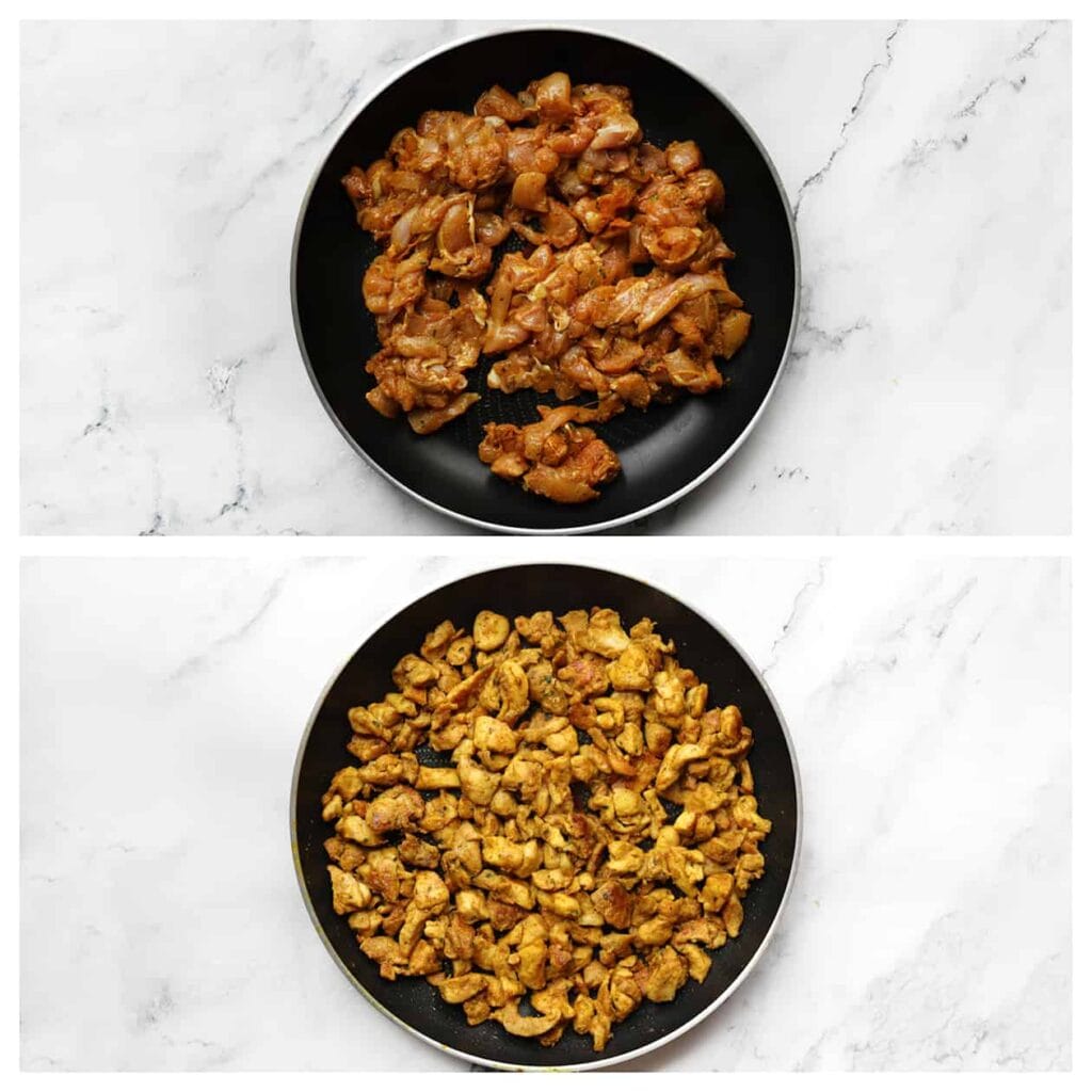 Verhit een koekenpan op middelhoog vuur en voeg de kippendijen toe. Bak 5-6 minuten, of totdat ze gaar zijn. Laat de kip afkoelen.