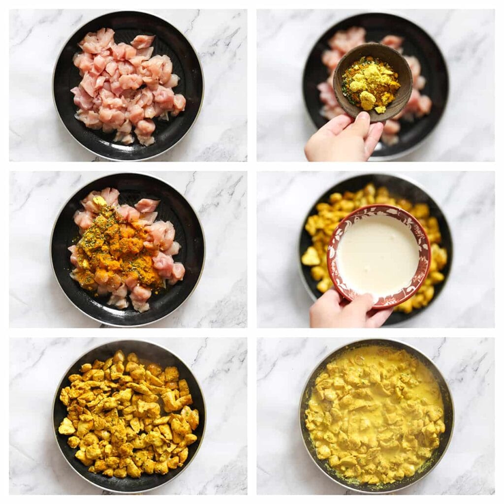 Verhit de olijfolie in een koekenpan op middelhoog vuur. Voeg de stukjes kippendijen toe, samen met currypoeder, cayennepeper, kurkuma, gedroogde peterselie, zwarte peper en komijnpoeder. Verkruimel het kippenbouillonblokje boven de koekenpan. Meng alles goed en bak 4-5 minuten. Voeg vervolgens de ongeklopte slagroom toe en laat het geheel nog eens 5-7 minuten koken, of totdat de saus goed is ingedikt.