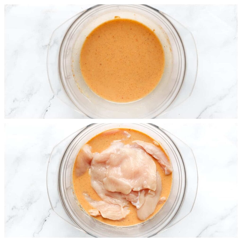 Was de kip en snijd deze in stukken. Doe de karnemelk samen met het zout, uienpoeder, de ras el kouzina, cayennepeper, zwarte peper en het ei in een diepe kom. Meng goed. Voeg de kip toe en zorg ervoor dat deze goed bedekt is met het mengsel. Dek af en zet het minstens 30 minuten in de koelkast.