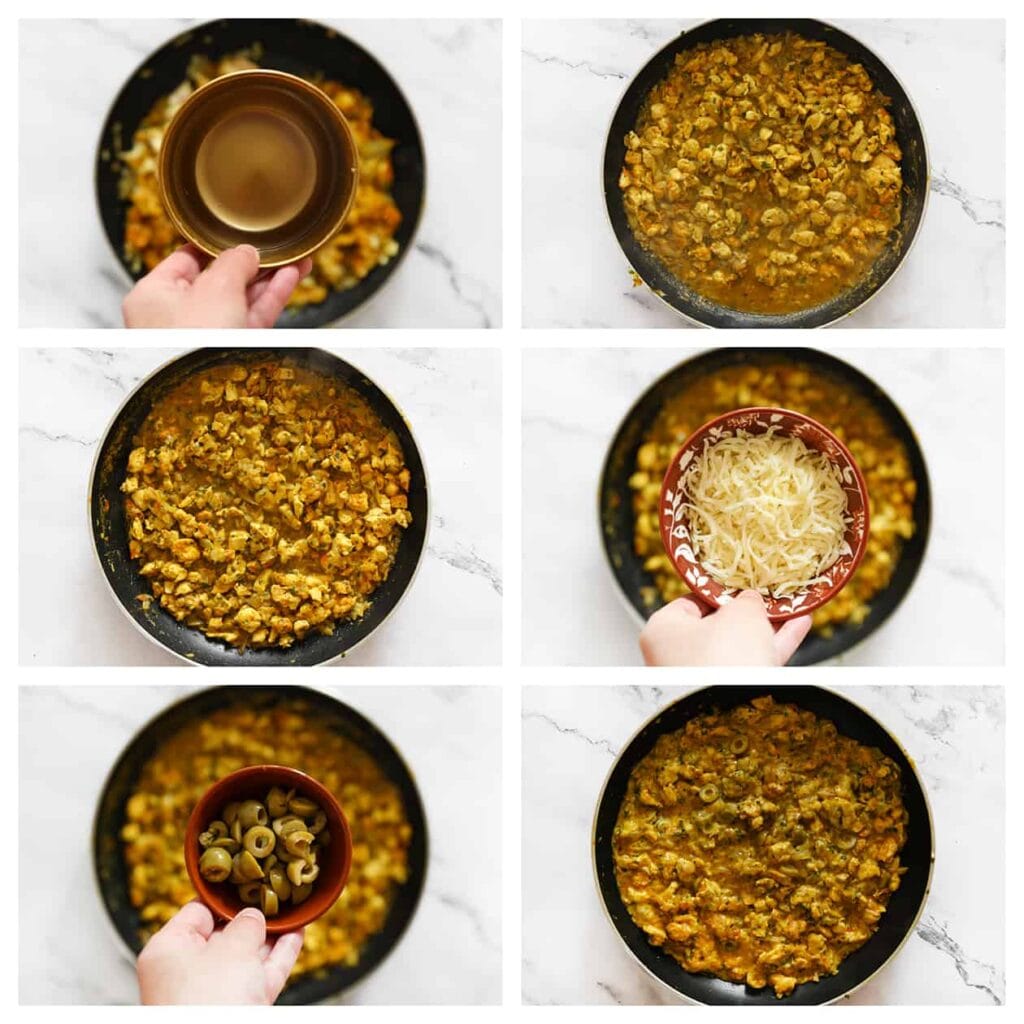 Giet water over de kip en laat het geheel 5-7 minuten koken. Voeg daarna de geraspte kaas toe en meng alles tot een samenhangend geheel. Haal de koekenpan van het vuur en laat het kipmengsel iets afkoelen.