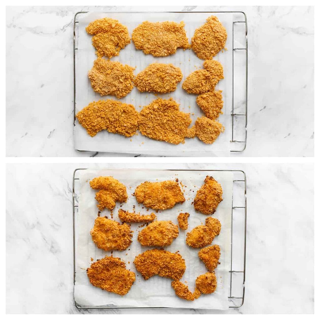 Plaats de kipburgers op een rooster met bakpapier en smeer ze lichtjes in met wat zonnebloemolie. Zet de kipburgers in een voorverwarmde oven op 175 °C. Bak 25-30 minuten.