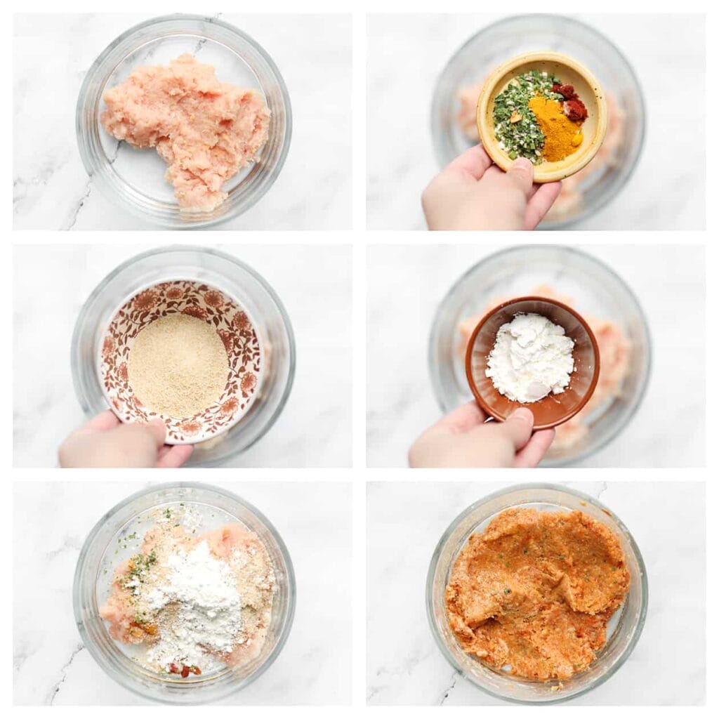 Doe het kipgehakt samen met zout, kurkuma, uienpoeder, paprikapoeder, knoflookpoeder, zwarte peper, paneermeel, maïzena en zonnebloemolie in een diepe kom. Meng tot een geheel.