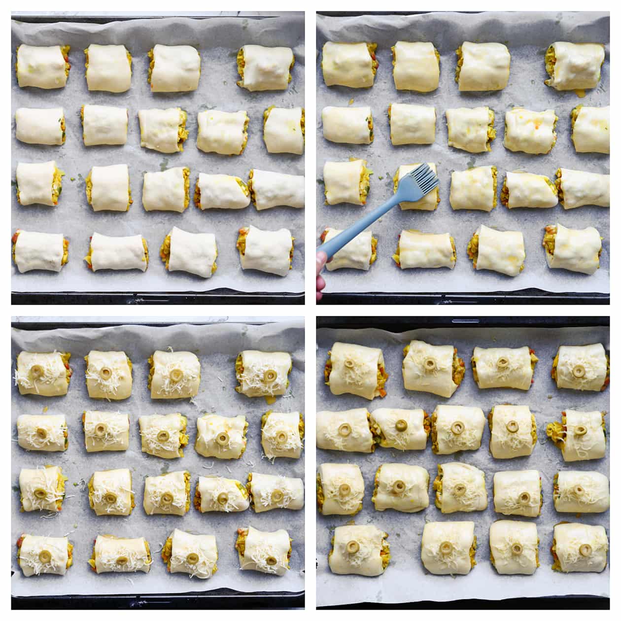 Kipbroodjes garneren met ei, geraspte kaas en olijven en vervolgens laten rijzen tot ze in formaat zijn verdubbeld