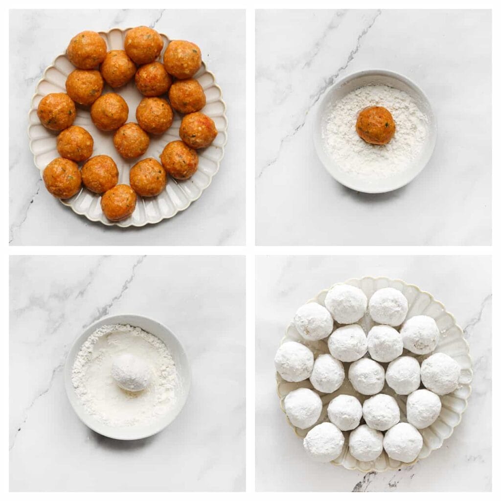 Rol de kipgehaktbal volledig door het maïzenamengsel, zorg ervoor dat het gelijkmatig bedekt is.