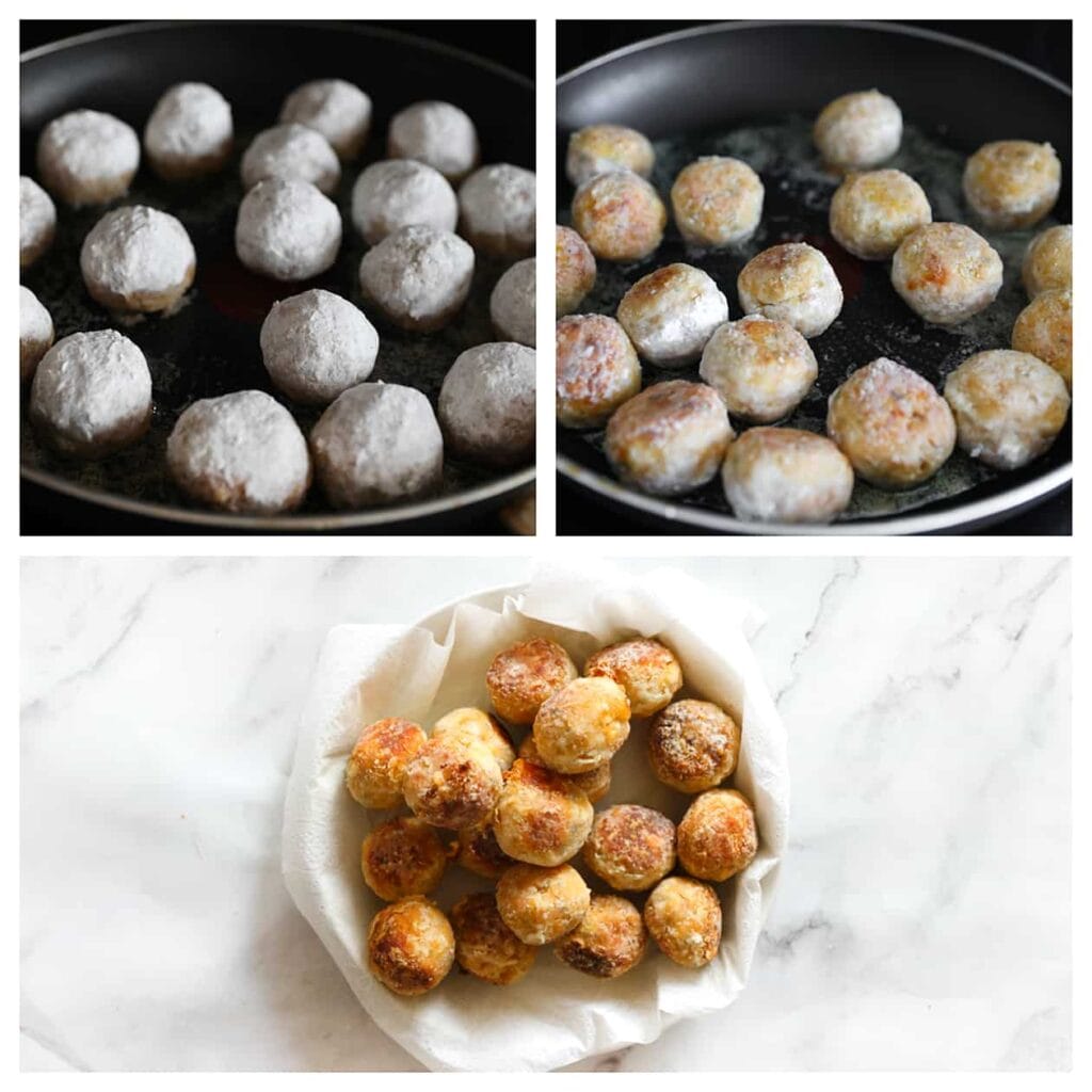 Verhit een dun laagje zonnebloemolie in een koekenpan tot ongeveer 175 ℃ (of gebruik een frituurpan). Bak de kipgehaktballen rondom goudbruin zijn. Schep de kipgehaktballen uit de pan.