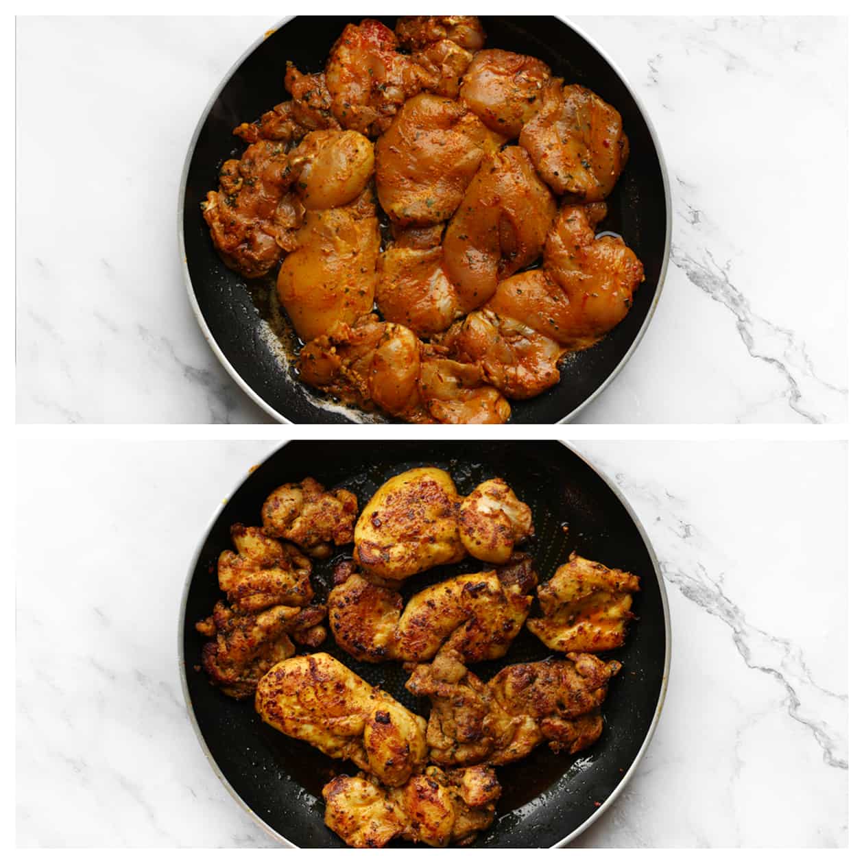 Kippendijen gaar bakken in een koekenpan op middelhoog vuur