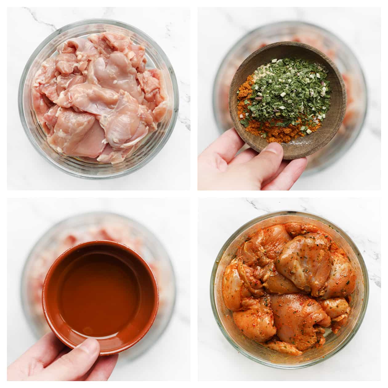 Kippendijen marineren met verse kruiden en olie