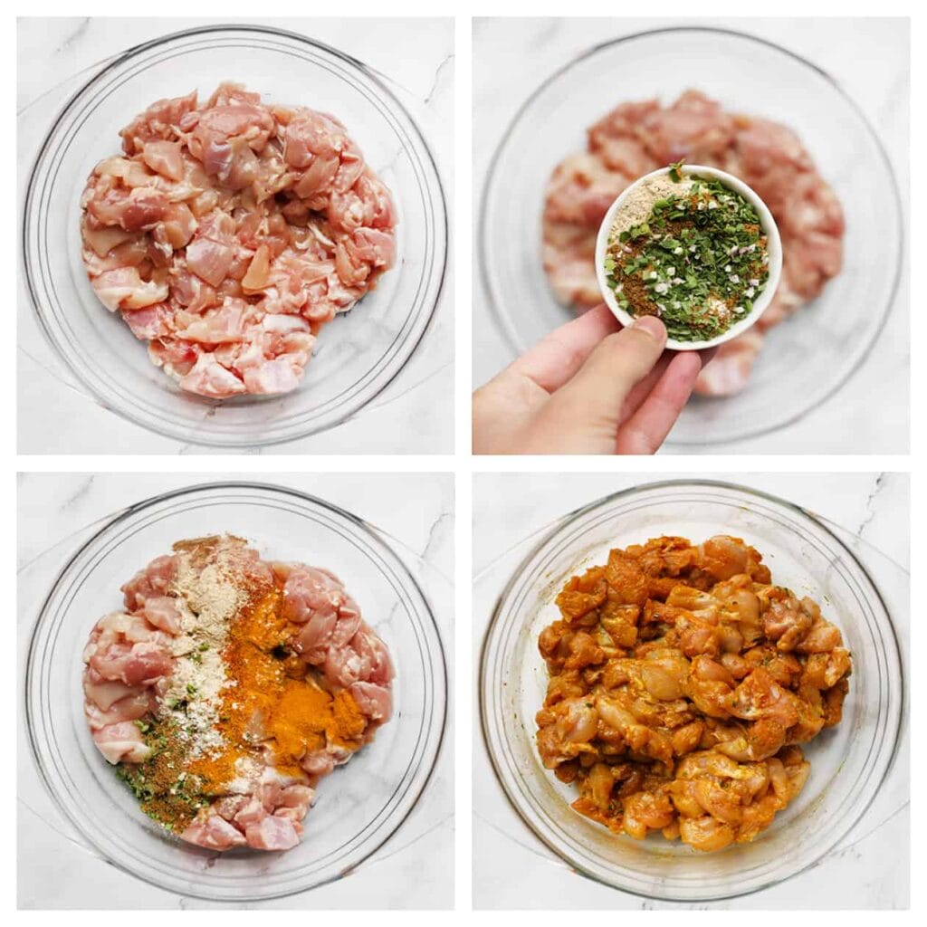 Was en snijd de kippendijen in stukken. Doe ze in een diepe kom samen met de korianderpoeder, kurkuma, komijnpoeder, uienpoeder, knoflookpoeder, cayennepeper en olijfolie. Meng goed.