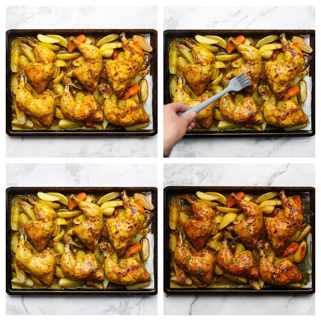 Haal de kippenbouten met groenten voorzichtig uit de oven en smeer de kippenbouten in met de roomboter. Zet vervolgens de traybake terug in de oven en bak nog eens 5 minuten.