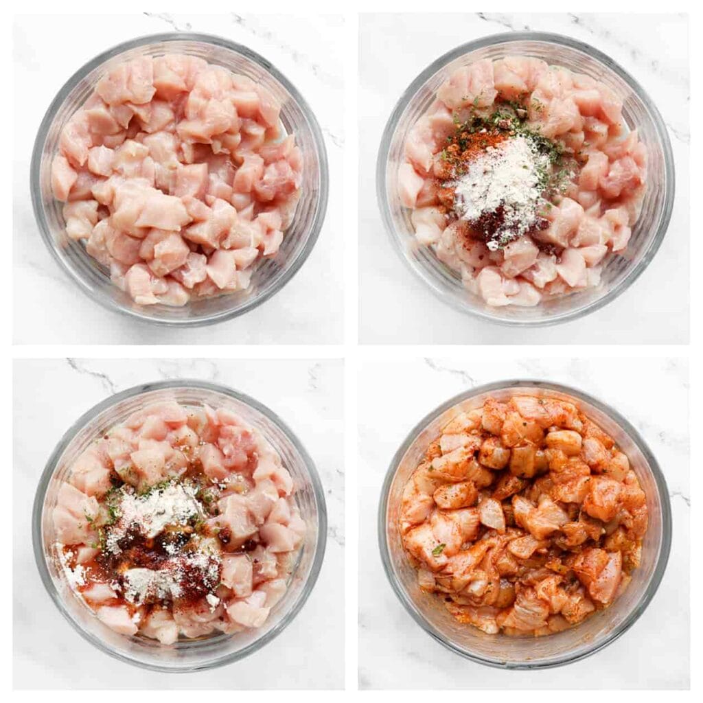 Was en snijd de kippendijen in kleine stukken, en doe ze in een diepe kom. Voeg het zout, de ras el kouzina, paprikapoeder, cayennepeper, uienpoeder, gedroogde saladekruiden en zonnebloemolie toe. Meng goed en leg, afgedekt, in de koelkast.