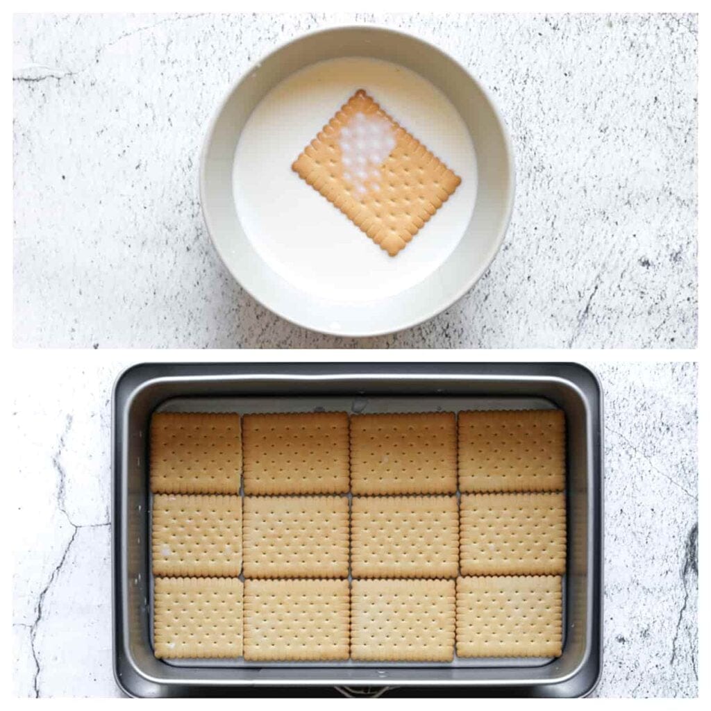 Neem een theebiscuit. Haal deze door de melk en verdeel ze over een springvorm. Herhaal deze werkwijze.