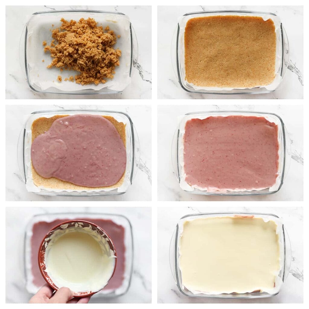 Verdeel het koekjesdeeg gelijkmatig over de bodem van een schaal of bakvorm. Druk het stevig aan met behulp van de onderkant van een lepel. Voeg het frambozenmengsel toe en smeer dit gelijkmatig uit over het koekjesdeeg. Voeg vervolgens de gesmolten witte chocolade toe en verdeel deze gelijkmatig.