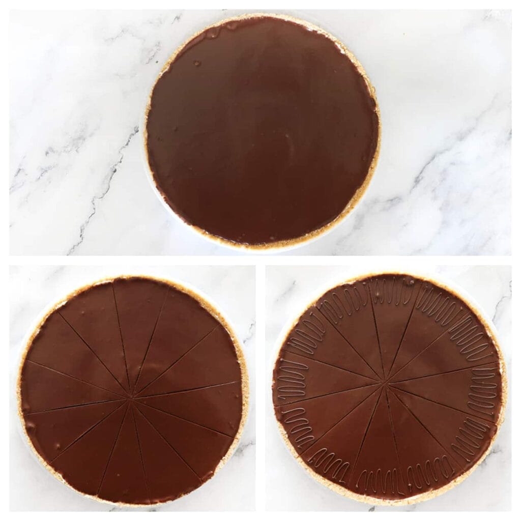 Snijd de kokos-cheesecake in gelijke puntjes. Garneer de zijkanten met lijntjes chocolade en geraspte kokos. Smakelijk eten, geniet ervan!