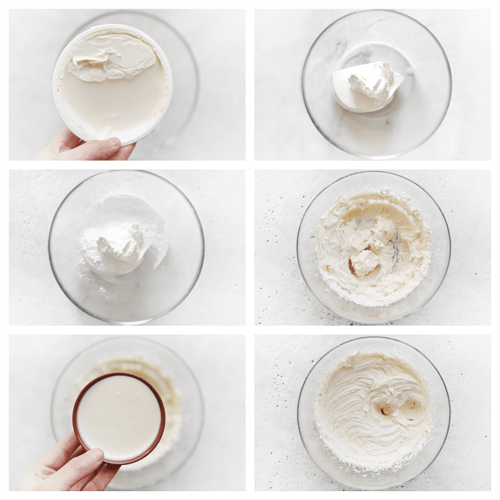 Doe de mascarpone samen met de klopfix, poedersuiker en vanillesuiker in een diepe kom. Mix 1 minuut tot een glad geheel. Voeg de slagroom beetje bij beetje toe en mix totdat het stijf is.